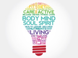Body Mind Soul Spirit bulb word cloud, health concept