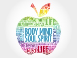 Body Mind Soul Spirit apple word cloud, health concept