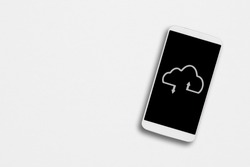 white smartphone with download unload cloud icon on touchscreen with clipping path isolated on grunge paper background included copy space