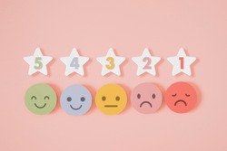 emoticon on multicolor round paper cut and score grunge star on pink background for good feedback rating and positive customer review, mental health assessment, child wellness, wellbeing concept