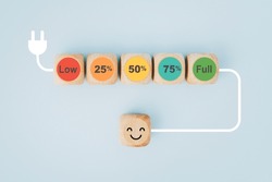 percentage on loading bar wooden cube block with plug for mental health assessment, child wellness ,world mental health day, think positive, boost energy level concept