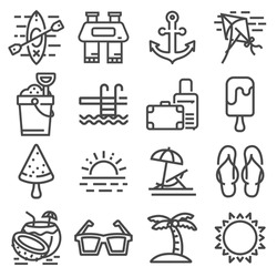 Vector Summer Icons Set Outline Holiday on White Background