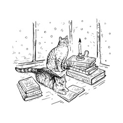 Hand drawn sketch vector white background with books, cats and candle. Cats are reading books. Black line isolated on white. Design for engraving, banner, poster, card