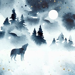 Watercolor winter magic vector landscape isolated on white dackground. Vector silhouette of wolf howling at the full moon. Forest and animal under night sky