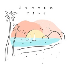 Summer time. Vector romantic background. Hand drawn beach with palms and boats in water at sunset composition, handwritten summer time text. Simple drawing. Useful for poster, web design, banner, postcard, print
