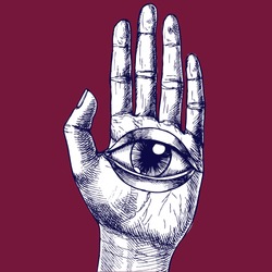 Human hand and all-seeing eye. Hand-drawn vector surreal illustration for your magic design.
