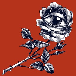 Rose and eye. Hand-drawn vector surreal illustration. Unusual symbolic drawing for your logo design.