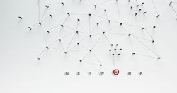 Connecting people and machines. Networking, internet infrastructure communication abstract. Small or private network connected to a social network. Red circle on a entity with  the letters 