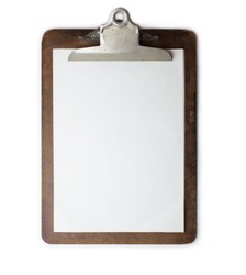 Old well used clipboard with new clean sheet of paper. Dark brown clipboard. Isolated on white. High resolution.