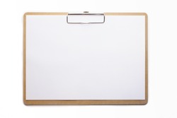 Horizontal clipboard with clean blank white paper. Isolated on pure white. High resolution.