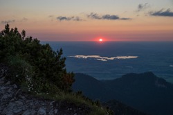 sunset alpine foothills upper bavaria, view to lake staffelsee in the evening, seen from herzogstand mountain