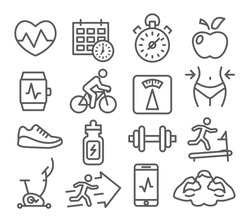 Fitness and Gym line icons set on white background