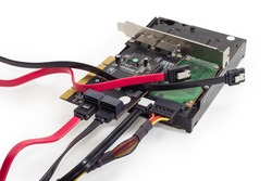 Hard disk drive and disk array controller card with connected cables, different SATA data cables, close-up on a white background