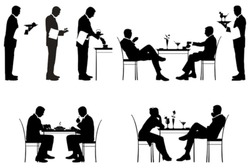Silhouette of couples and a waiters. Vector illustration.