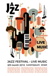A poster for a jazz festival with musical instruments. Illustration with saxophone and piano keys and guitar. Colorful jazz festival musicians singers