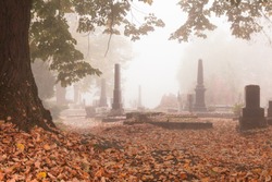 Beautiful cemetery graveyard in autumn or fall season covered in leaves and mist, fog with stone marble monument and tombstone as a romantic, sad, peace 