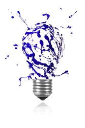 Blue paint burst made conceptual light bulb