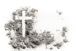 Christian cross or crucifix drawing in ash, dust or sand as symbol of religion, sacrifice, redemtion, Jesus Christ, ash wednesday, lent, Good Friday