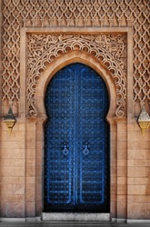 Arabic oriental styled door in Morocco Pantone classic blue color