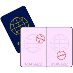 Cartoon vector illustration showing a passport with stamps for entry denied and accepted