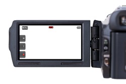 A hand held camcorder's blank LCD screen isolated on a white background.