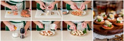 A Step by Step Collage of Making Little Tarts of Smoked Salmon, Cottage Cheese and Quail Egg