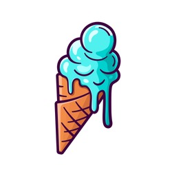 Melting ice cream balls in the waffle cone isolated on white background. Vector flat outline icon. Comic character in cartoon style illustration for t shirt design