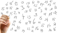 Conceptual image of a male hand and scattered random handwritten numbers on a virtual screen or interface on a white background