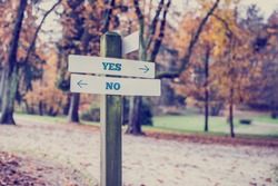 Rustic wooden sign in an autumn park with the words Yes - No offering a choice of action and attitude with arrows pointing in opposite directions in a conceptual image.