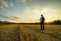 Businessman in elegant suit with his jacket hanging over his shoulder standing in mown wheat field looking into the distance under a majestic evening sky with a setting sun.