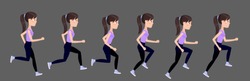 The cycle of running a female character. Young girl in tracksuit, leggings, top and sneakers runs. Animated jogging sequence.
