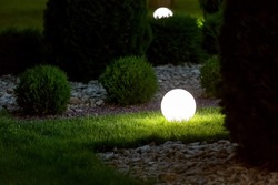 illumination backyard light garden with electric ground lantern with round diffuser lamp in lawn in outdoor park with landscaping thuja bushes in stone mulching, dark illuminate night scene nobody.