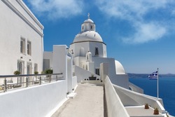 Classical Greek white buildings architecture on Santorini island, Greece