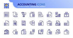 Outline icons accounting. Finances. Contains such icons as calculator, money, audit, tax, assets, revenue, payable, credit, expenditure and ledger. Editable stroke Vector 256x256 pixel perfect