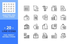 Line icons about accounting. Contains such icons as finances, audit, assets, revenue, ledger, money, banking, TAX, loan, calculator and economy. Editable stroke. Vector - 64 pixel perfect grid.