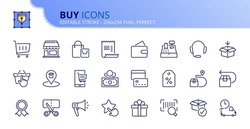 Outline icons about buy. Contains such icons as shopping cart, store, delivery, discount, shop online and payment methods. Editable stroke Vector 256x256 pixel perfect