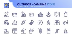 Line icons about outdoor - camping. Contains such icons as camp, tools, caravan, adventure sport, campfire, and trekking. Editable stroke Vector 256x256 pixel perfect