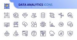 Line icons about data analytics. Contains such icons as mining, processing, monitoring, modeling and management big data and statistics. Editable stroke Vector 256x256 pixel perfect