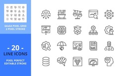 Line icons about business intelligence. Contains such icons as management big data, analysis, reporting, benchmarking and machine learning. Editable stroke. Vector - 64 pixel perfect grid