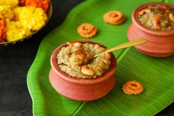 Sakkarai Pongal Indian festival food traditional popular mithai sweet dessert made on the festival day of Pongal Makar Sankranti vishu Diwali India. Payasam in Chennai Tamil Nadu