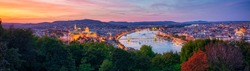 Panoramic Sunset View of Budapest in Spring from famous viewing spot at Citadella
