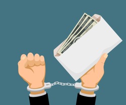 Man in handcuffs holds an envelope with dollar banknotes. Bribery and corruption. Stock vector illustration.