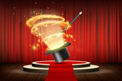 Magic wand and hat on stage with curtain. Focus and entertainment. Stock vector illustration.