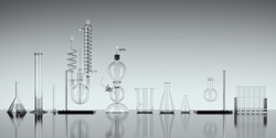 Glass chemistry lab equipment on white background. Chemistry Lab concept. 3d rendering