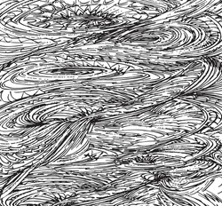 Twirling, wavy linear pattern, freehand drawn ornate, abstract texture in black and white
