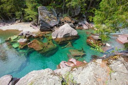 Glacier National Park. Turquoise river flowing towards Lake McDonald 