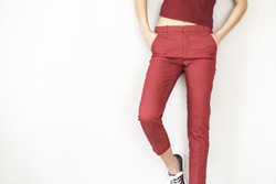 Woman in red pants and shirt