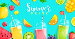Summer drinks 2020.Hot season tropical background with fresh smoothie and fruits kiwi, mango, orange, watermelon, lemon. lime and berries. Bright template for your design. Vector Illustration.