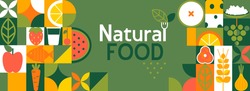 Natural food banner in flat style. Fruits and vegetables in simple geometric shapes.Great for flyer, web poster, natural products presentation templates, cover design. Vector illustration.