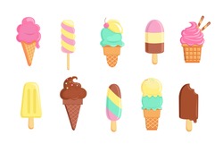 Set of tasty ice creams. Sweet summer delicacy sundaes,gelatos with different tasties,collection isolated ice-cream cones and popsicle with different topping.Vector illustration for web,design, print.